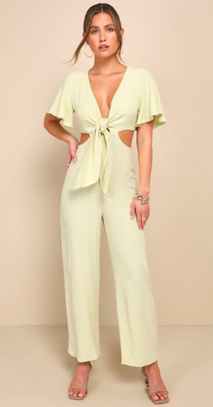 Lulus Summer Journey Womens M Green Tie-Front Cutout Wide Leg Linen Jumpsuit NWT